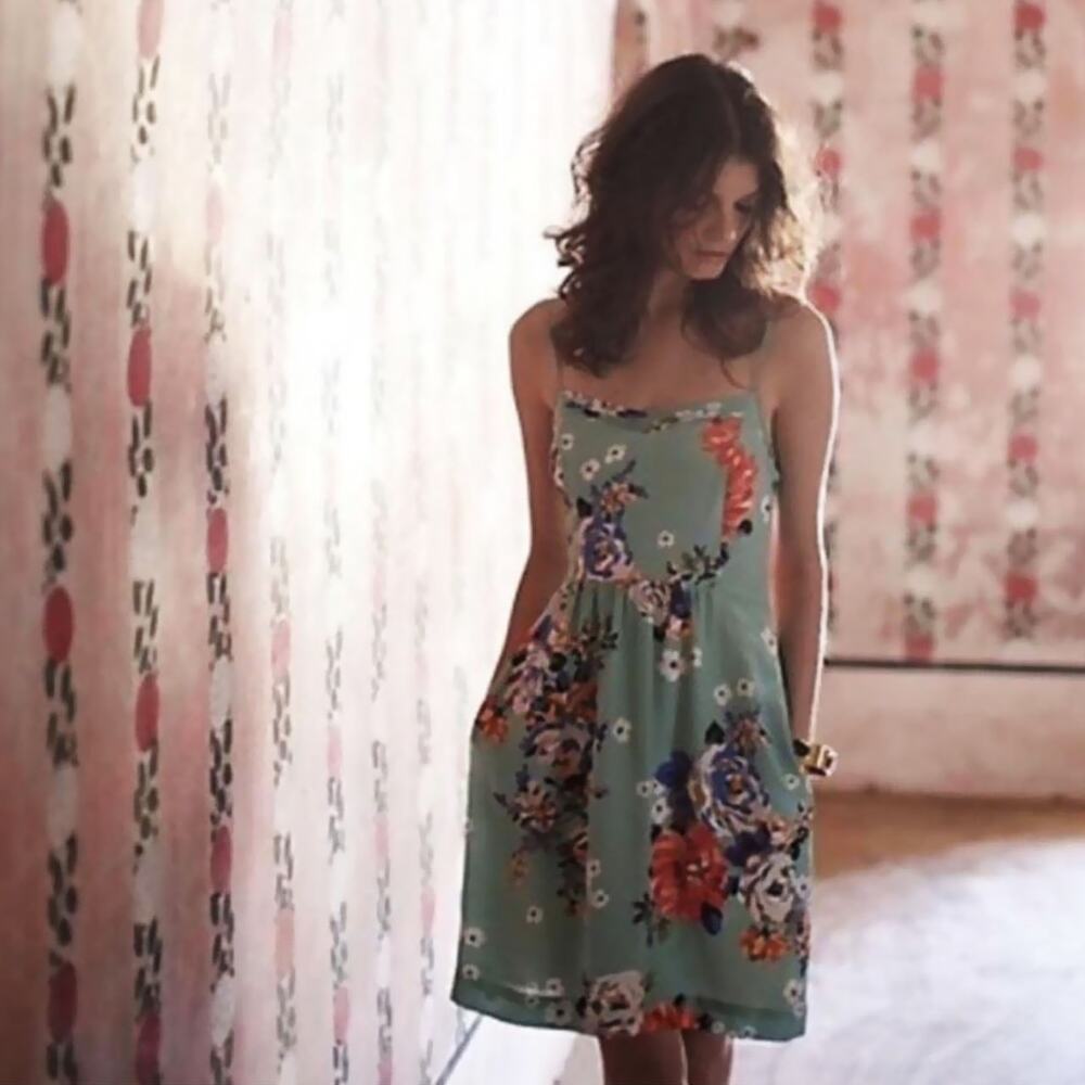 Anthropologie Moulinette Soeurs Verdant Silk Slip Dress Floral Green Size 2